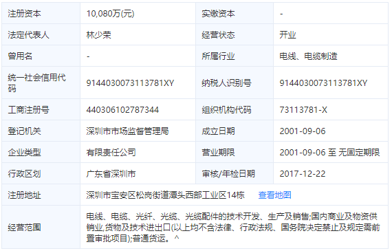金環(huán)宇電線(xiàn)電纜工商信息